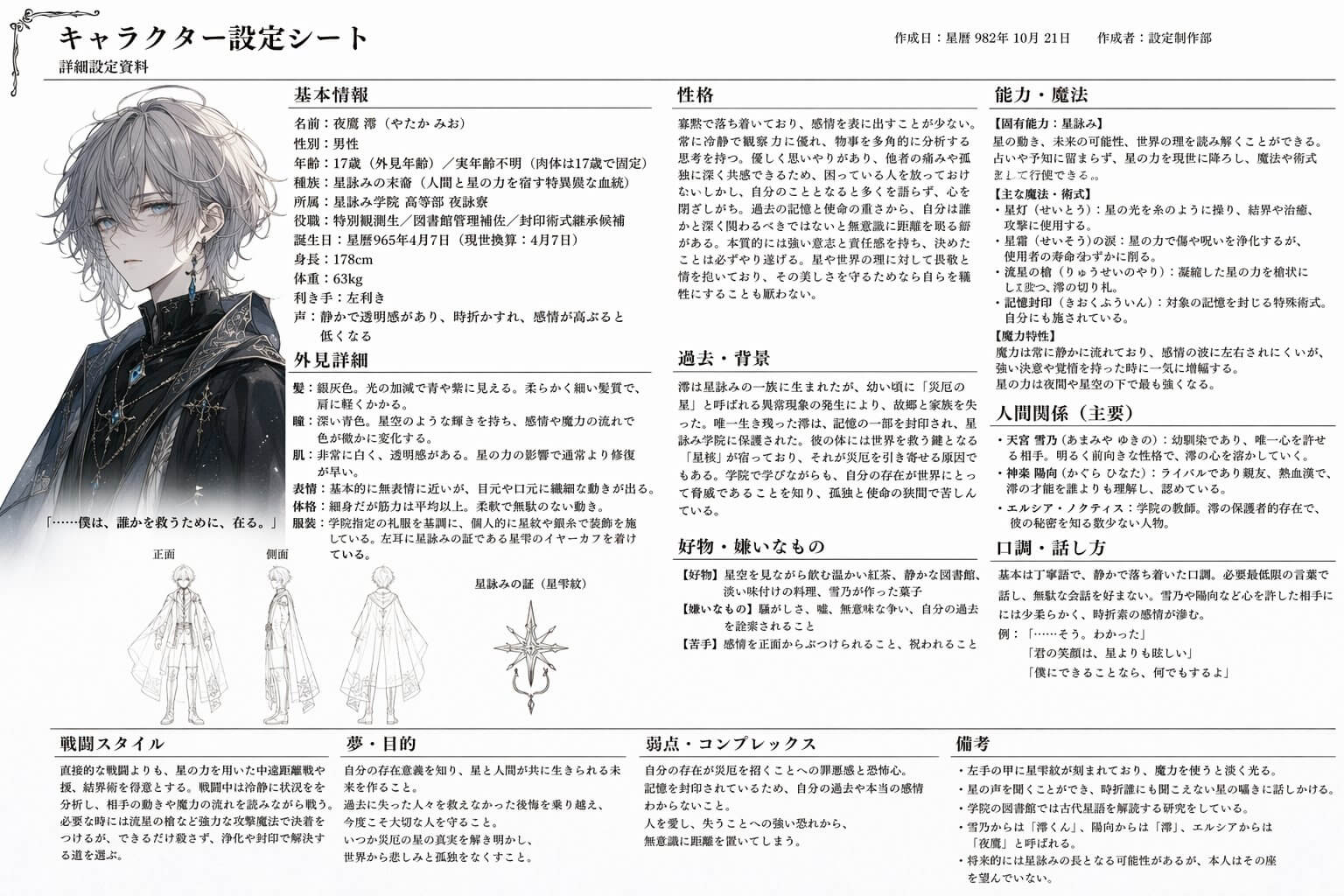 Multi-column character sheet with dense text and image layout.