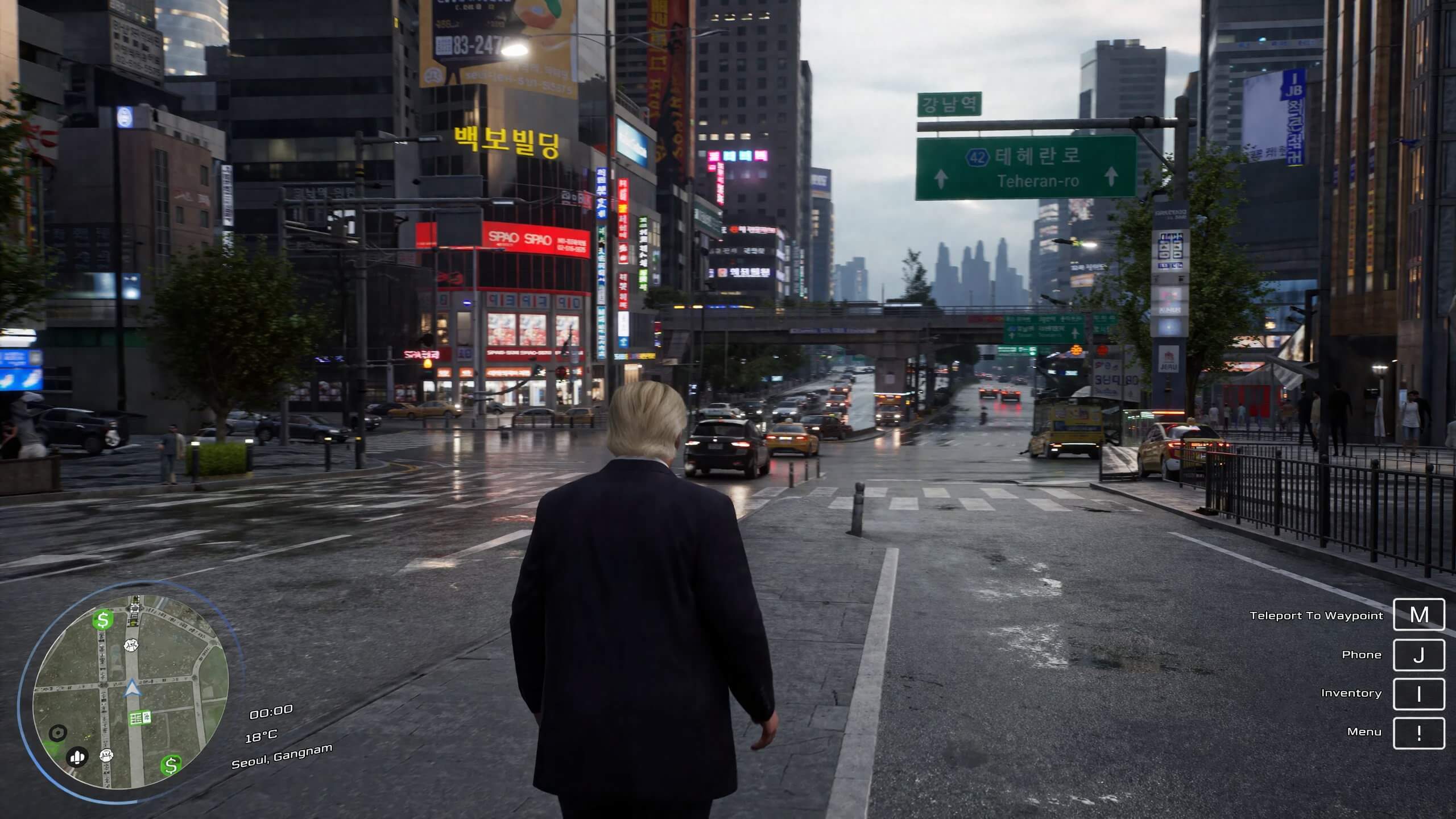 Street scene with game-style interface elements and prompts.